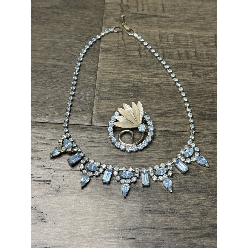 Vintage Prong Set Blue Rhinestone Bib Necklace & Fan Brooch Set Silver Tone 1950